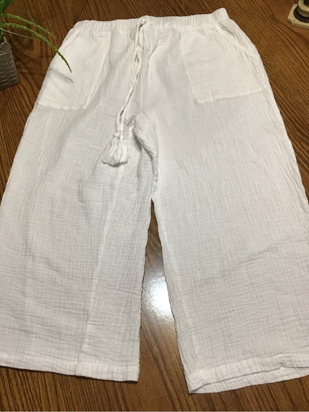 Women's White size large Lounge Pajama Pants elastic waist & tassel tie